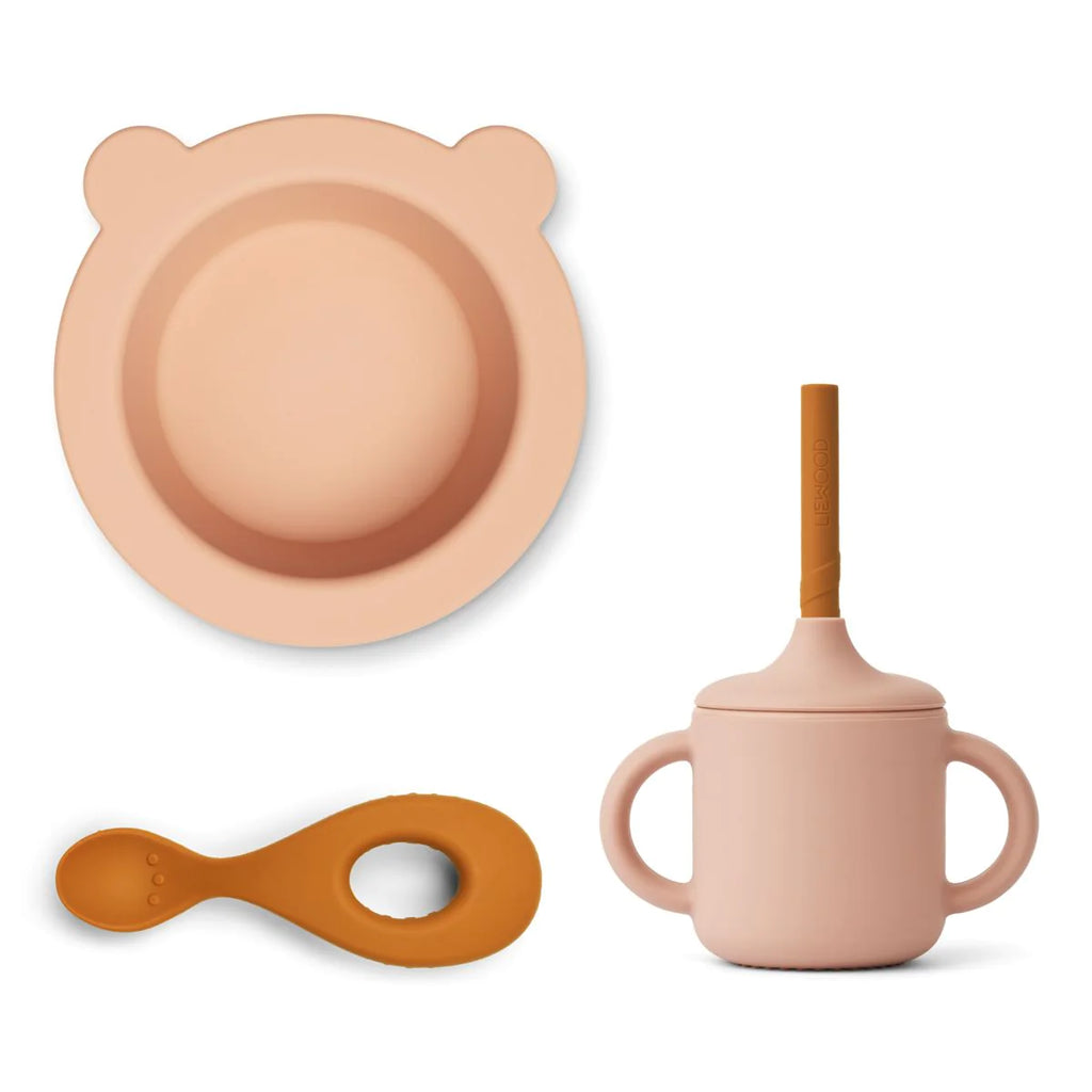 Купичка, чаша със сламка и лъжица за детско хранене, в розов цвятове.
