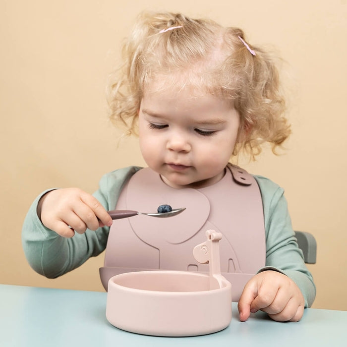 Детски силиконов комплект за хранене в цвят пудра